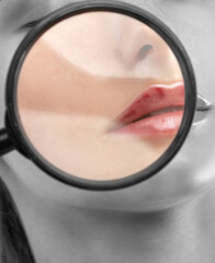 Cosmetologist does injections for lips augmentation anti wrinkle injections on the face of a...