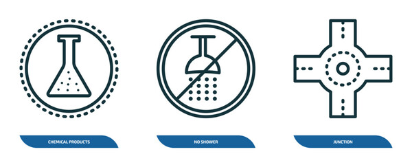 set of 3 linear icons from signs concept. outline icons such as chemical products, no shower, junction vector