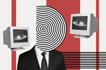 Poster creative collage of faceless weird character viewer watching fake news absorbing lie...