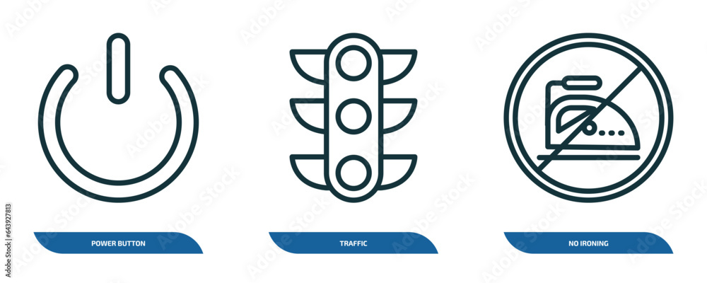 Poster set of 3 linear icons from signs concept. outline icons such as power button, traffic, no ironing ve