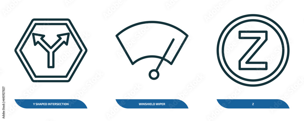 Poster set of 3 linear icons from shapes concept. outline icons such as y shaped intersection, winshield wi