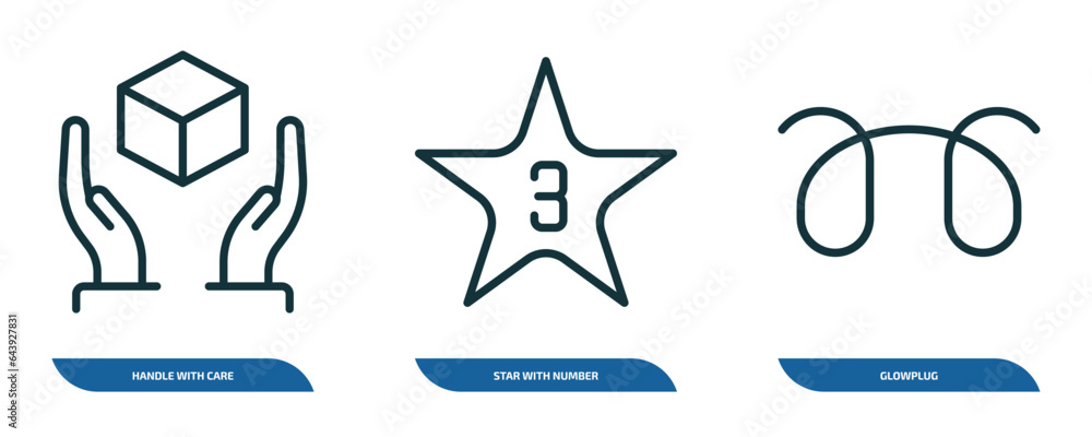 Poster set of 3 linear icons from shapes concept. outline icons such as handle with care, star with number 