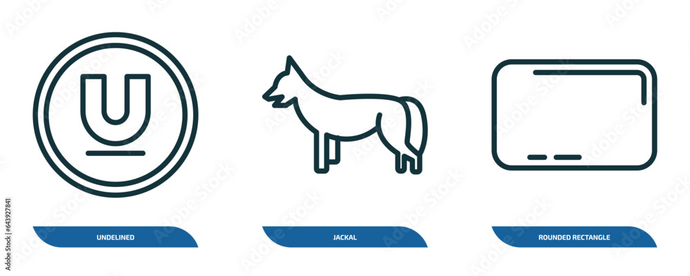 Poster set of 3 linear icons from shapes concept. outline icons such as undelined, jackal, rounded rectangle vector