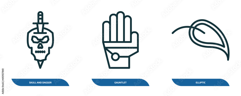 Poster set of 3 linear icons from shapes concept. outline icons such as skull and dagger, gauntlet, ellipti