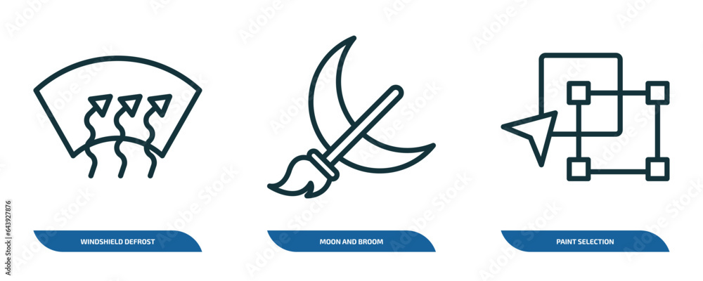 Poster set of 3 linear icons from shapes concept. outline icons such as windshield defrost, moon and broom,