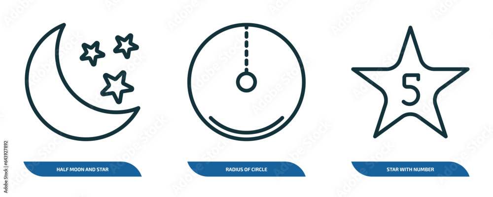 Poster set of 3 linear icons from shapes concept. outline icons such as half moon and star, radius of circl