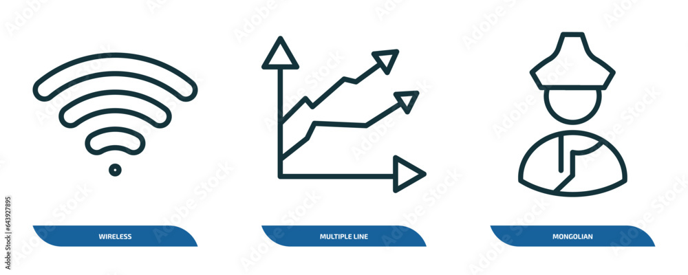 Poster set of 3 linear icons from shapes concept. outline icons such as wireless, multiple line, mongolian 