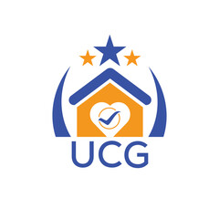 UCG House logo Letter logo and star icon. Blue vector image on white background. KJG house Monogram home logo picture design and best business icon. 
