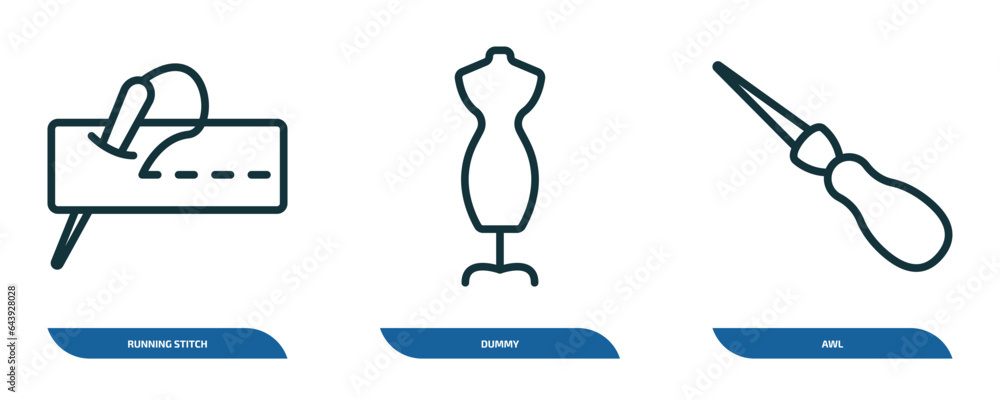 Poster set of 3 linear icons from sew concept. outline icons such as running stitch, dummy, awl vector