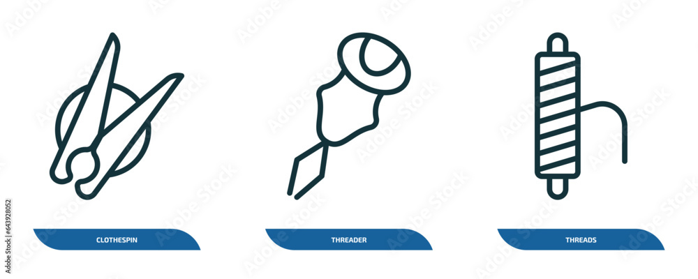 Poster set of 3 linear icons from sew concept. outline icons such as clothespin, threader, threads vector