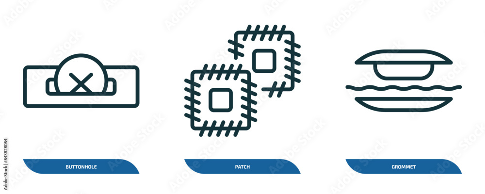 Poster set of 3 linear icons from sew concept. outline icons such as buttonhole, patch, grommet vector