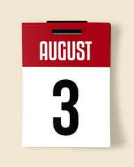 3 August Calendar Date, Realistic calendar sheet hanging on wall
