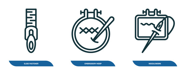 set of 3 linear icons from sew concept. outline icons such as slide fastener, embroidery hoop, needlework vector