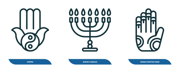 set of 3 linear icons from religion concept. outline icons such as karma, jewish candles, henna painted hand vector