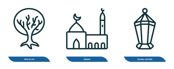 set of 3 linear icons from religion concept. outline icons such as tree of life, medina, islamic lantern vector