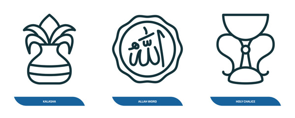 set of 3 linear icons from religion concept. outline icons such as kalasha, allah word, holy chalice vector