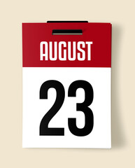 23 August Calendar Date, Realistic calendar sheet hanging on wall