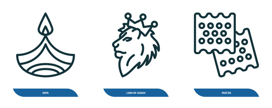 set of 3 linear icons from religion concept. outline icons such as dipa, lion of judah, matzo vector
