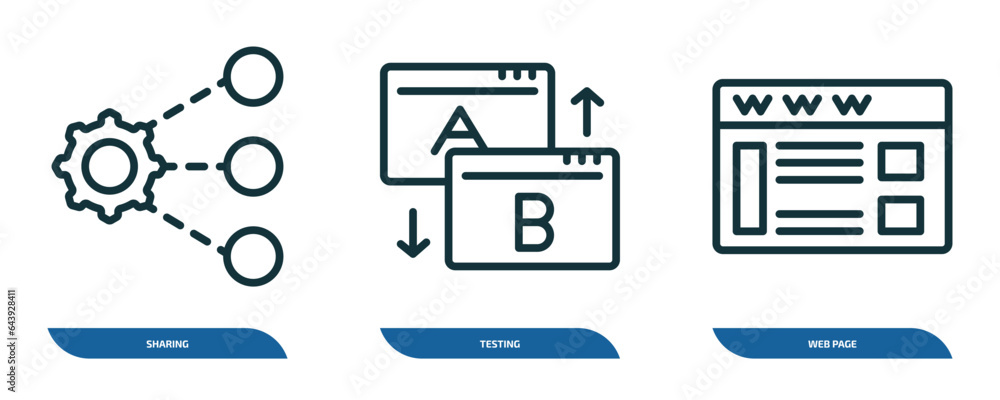 Poster set of 3 linear icons from programming concept. outline icons such as sharing, testing, web page vec