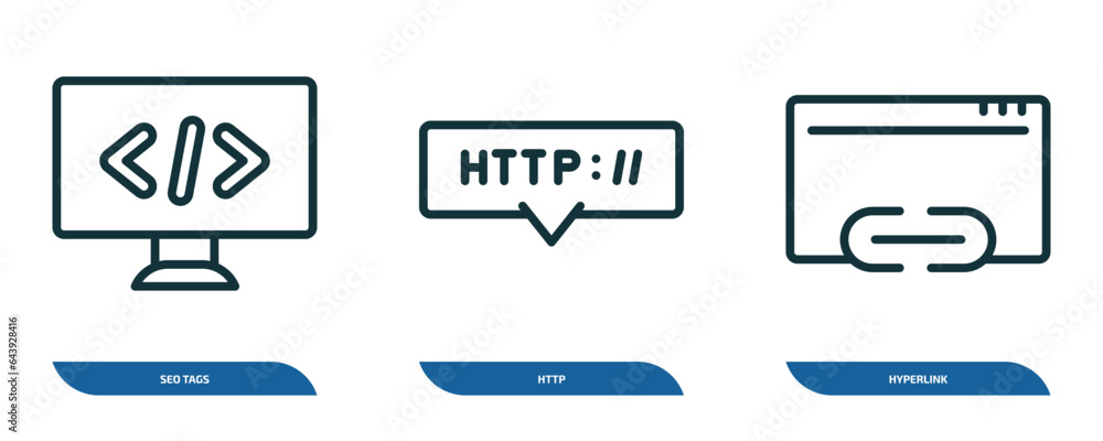 Poster set of 3 linear icons from programming concept. outline icons such as seo tags, http, hyperlink vect