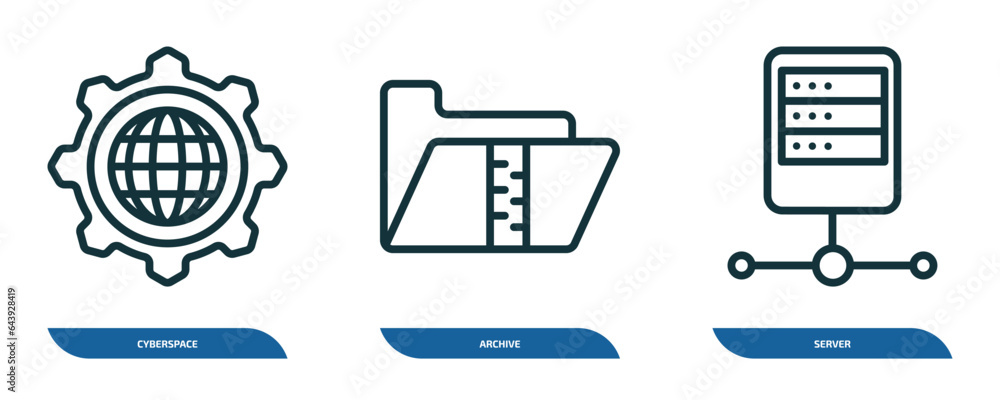 Poster set of 3 linear icons from seo concept. outline icons such as cyberspace, archive, server vector