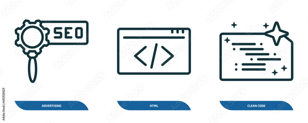 Poster set of 3 linear icons from programming concept. outline icons such as advertising, html, clean code 