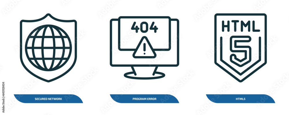 Poster set of 3 linear icons from programming concept. outline icons such as secured network, program error