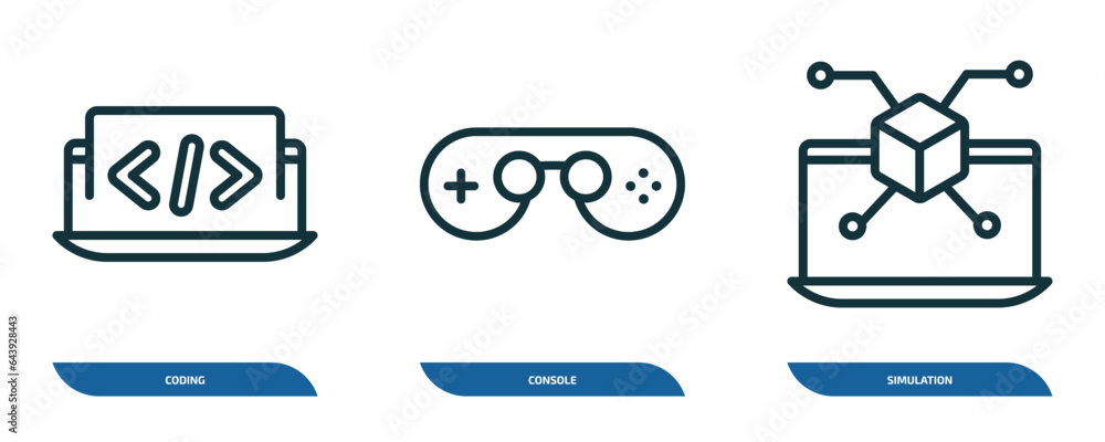 Poster set of 3 linear icons from programming concept. outline icons such as coding, console, simulation ve