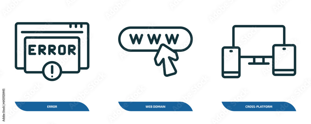 Poster set of 3 linear icons from programming concept. outline icons such as error, web domain, cross-platf