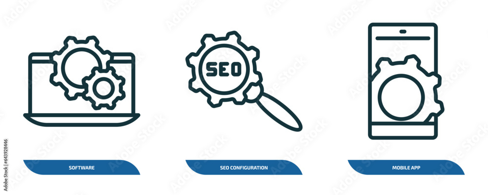 Poster set of 3 linear icons from seo concept. outline icons such as software, seo configuration, mobile ap
