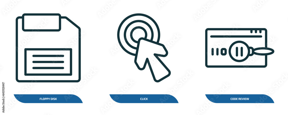 Poster set of 3 linear icons from programming concept. outline icons such as floppy disk, click, code revie