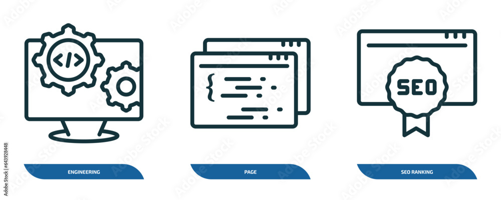 Poster set of 3 linear icons from programming concept. outline icons such as engineering, page, seo ranking