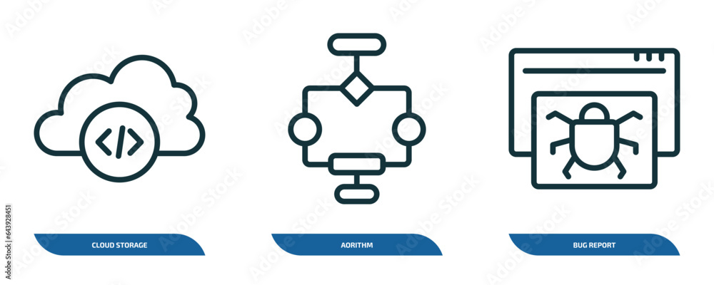 Poster set of 3 linear icons from programming concept. outline icons such as cloud storage, aorithm, bug re