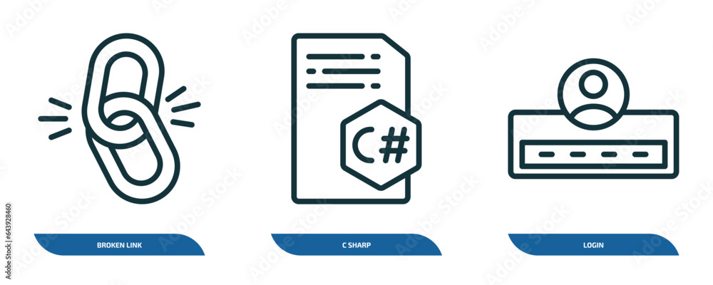 Aufkleber set of 3 linear icons from programming concept. outline icons such as broken link, c sharp, login ve