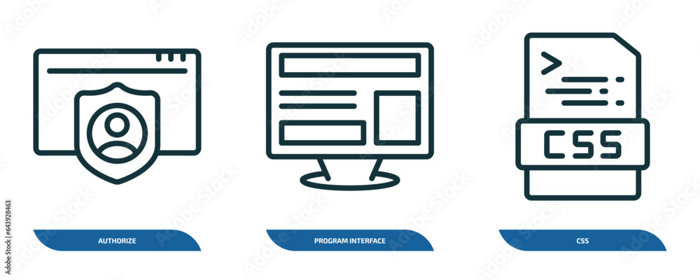 Poster set of 3 linear icons from programming concept. outline icons such as authorize, program interface, 