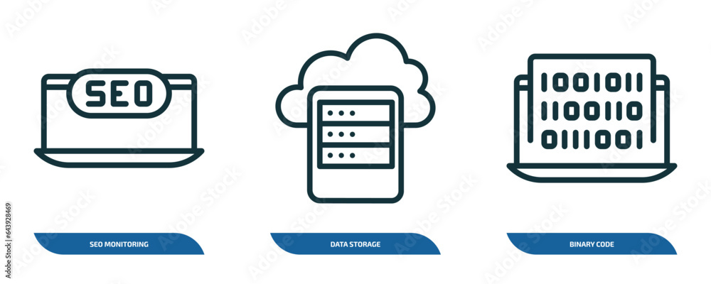Poster set of 3 linear icons from seo concept. outline icons such as seo monitoring, data storage, binary c