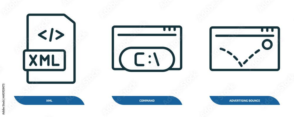 Poster set of 3 linear icons from programming concept. outline icons such as xml, command, advertising boun