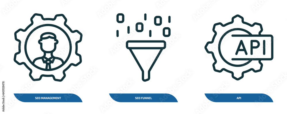 Poster set of 3 linear icons from programming concept. outline icons such as seo management, seo funnel, ap