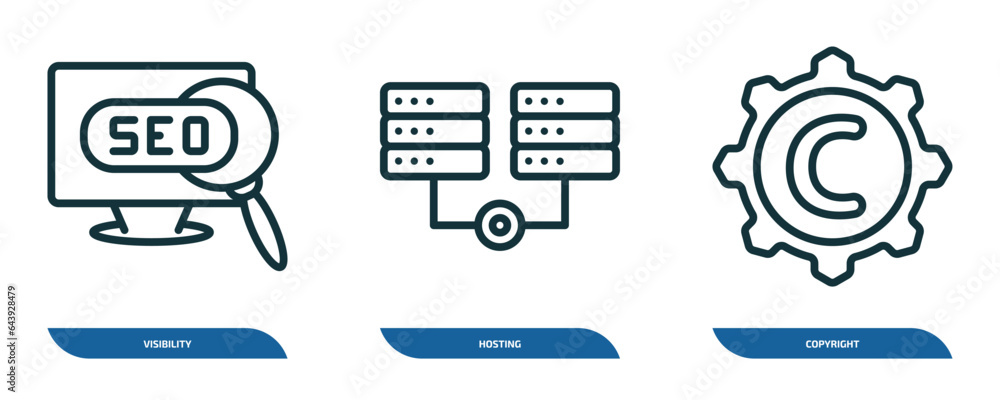 Poster set of 3 linear icons from seo concept. outline icons such as visibility, hosting, copyright vector
