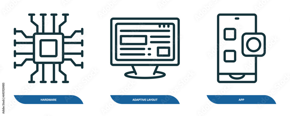 Poster set of 3 linear icons from seo concept. outline icons such as hardware, adaptive layout, app vector