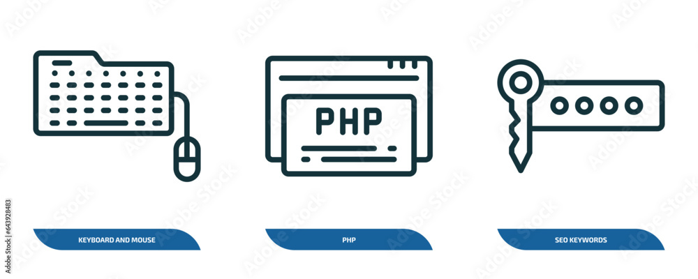 Poster set of 3 linear icons from programming concept. outline icons such as keyboard and mouse, php, seo k