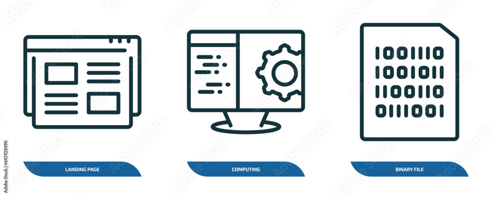 Fototapete set of 3 linear icons from programming concept. outline icons such as landing page, computing, binar