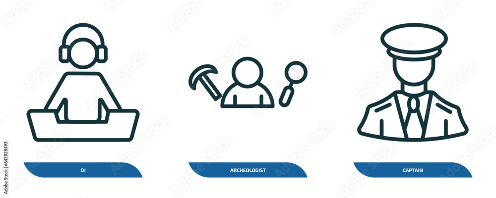 Poster set of 3 linear icons from professions concept. outline icons such as dj, archeologist, captain vect