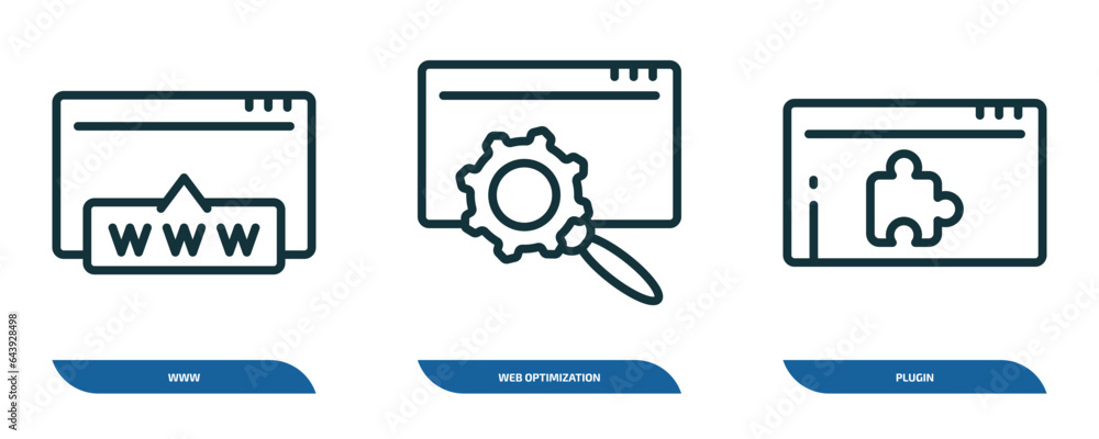 Poster set of 3 linear icons from programming concept. outline icons such as www, web optimization, plugin 
