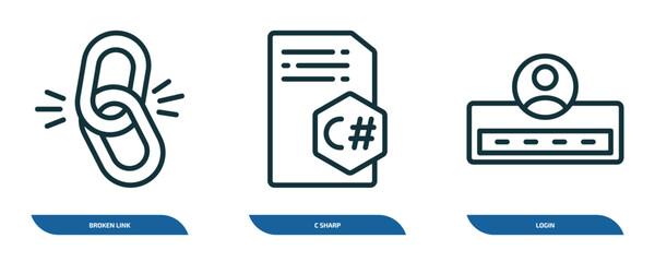 set of 3 linear icons from programming concept. outline icons such as broken link, c sharp, login vector
