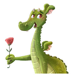 Illustration of funny Sant Jordi dragon holding a rose