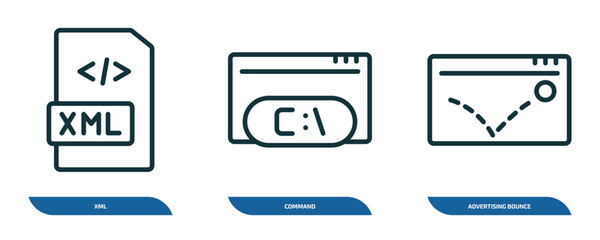 set of 3 linear icons from programming concept. outline icons such as xml, command, advertising bounce vector