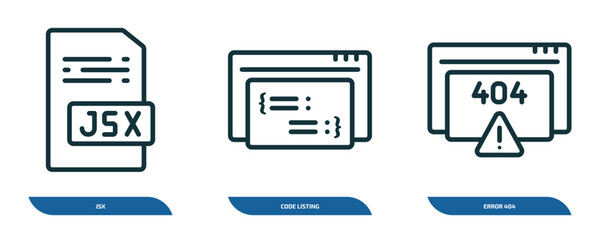 set of 3 linear icons from programming concept. outline icons such as jsx, code listing, error 404 vector