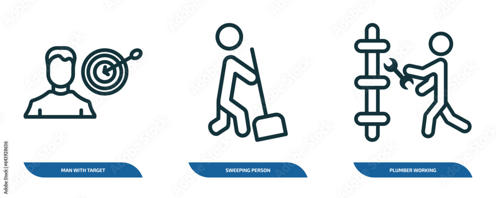 Poster set of 3 linear icons from people concept. outline icons such as man with target, sweeping person, p