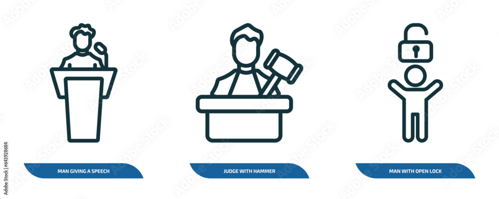 Poster set of 3 linear icons from people concept. outline icons such as man giving a speech, judge with ham